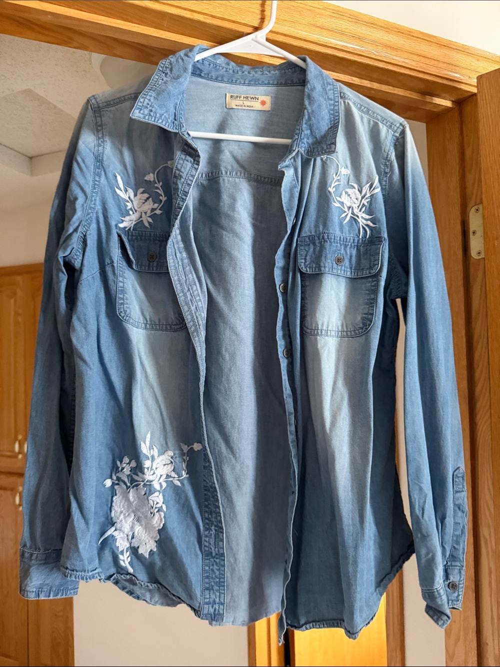 Ruff Hewn Light Blue Embroidered Denim Button-Down Shirt